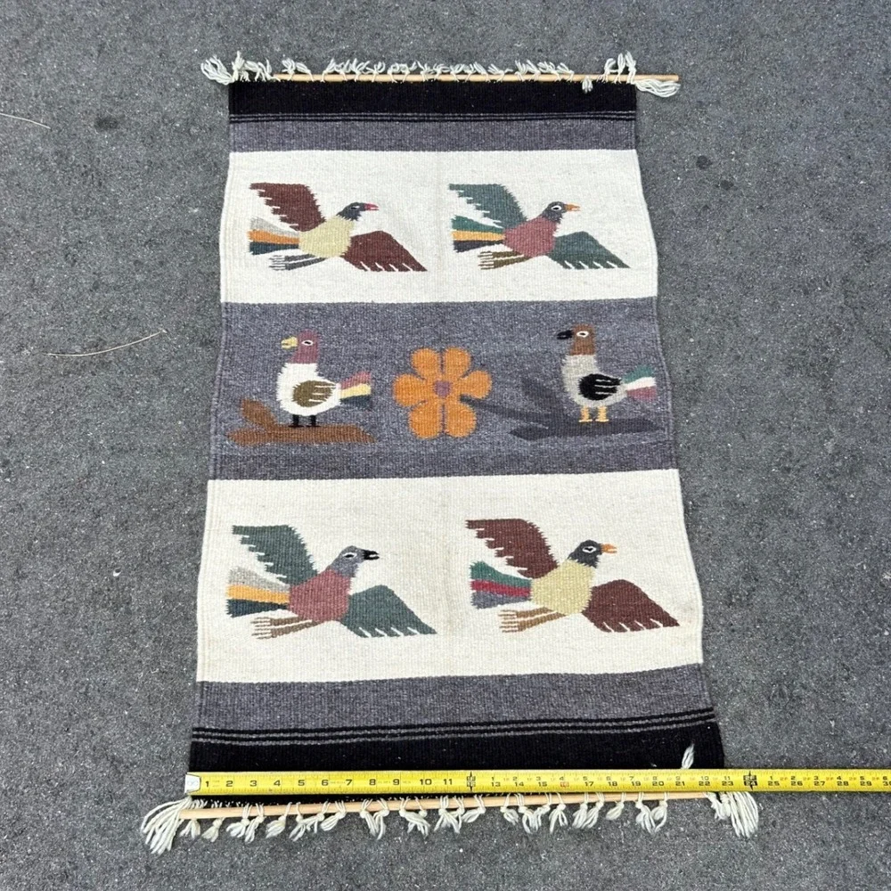 Vintage Handwoven Wool Bird Folk Art Wall Hanging Tapestry with Dowels 15x28